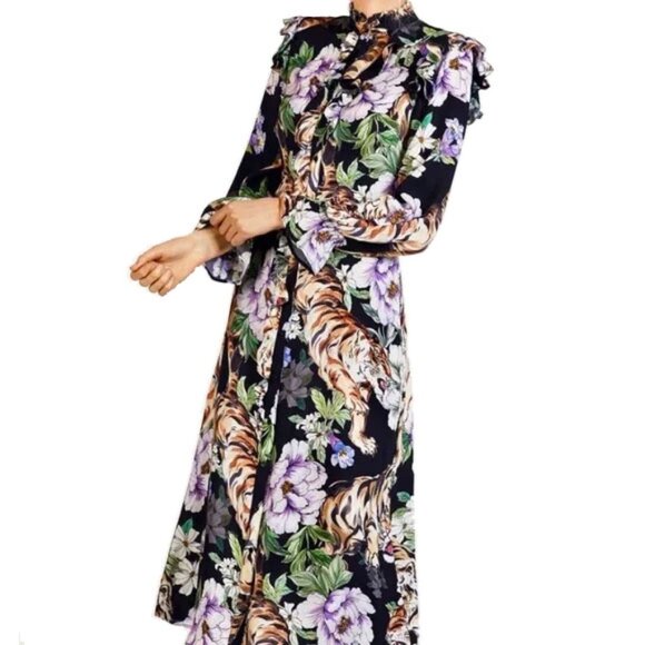 H&M Dresses & Skirts - H&M Floral Tiger Ruffled Button Front High Neck Midi Dress 2 Black   50OFF3
